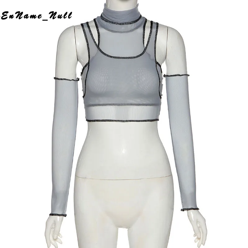 

Fashion women's new high collar open navel mesh perspective slim Y2k versatile T-shirt Punk Style Sleeve T-shirt Street Casual