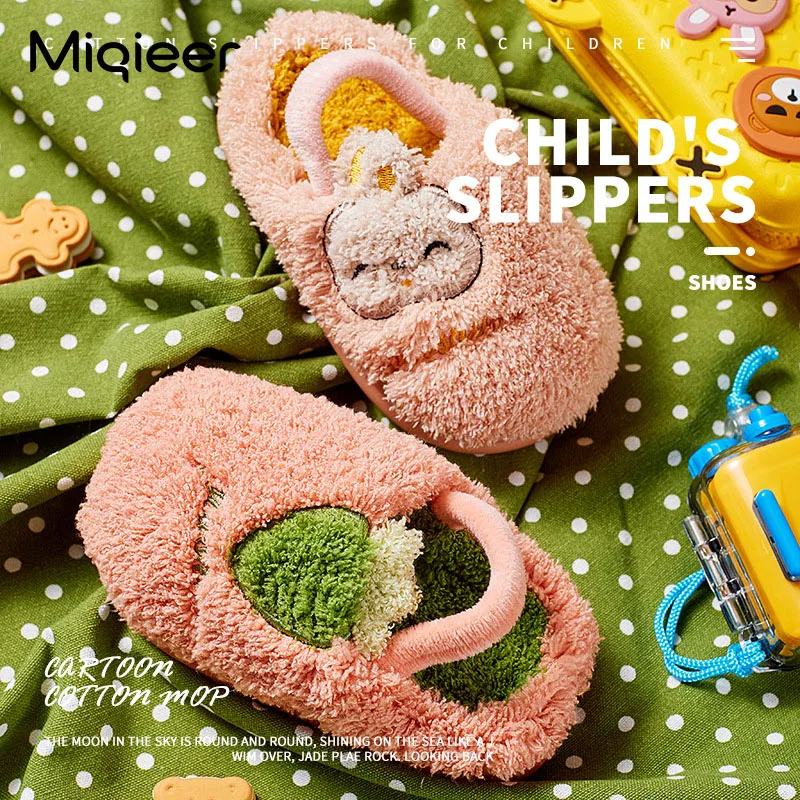 

2021 Autumn Winter Children Girls Rabbit Print Indoor Home Fleece Fur Warm Slippers Boys Kids Casual Non-Slip Shoes