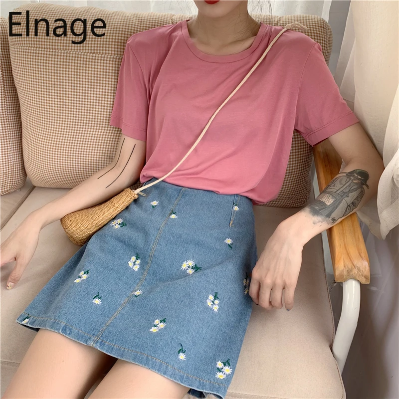 Elnage/Летняя Корейская приталенная джинсовая юбка с вышивкой и высокой талией
