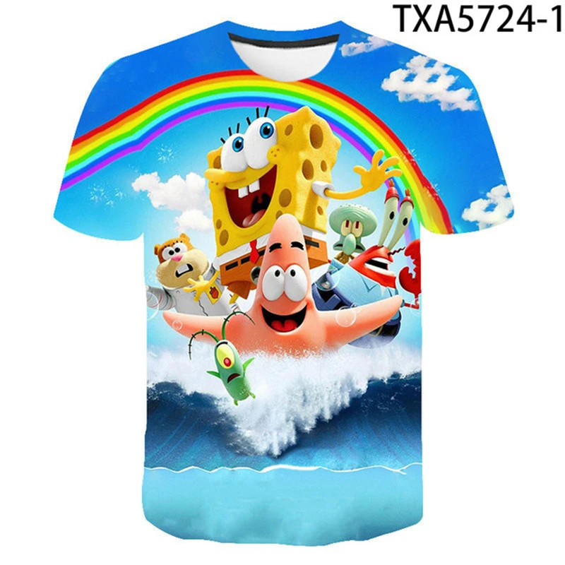 

2021 Children's Anime T-shirt Boys Girls 3D Sponge Tops Men's Cotton Casual Clothing Kids Cute Fun Clothing Baby 110-130
