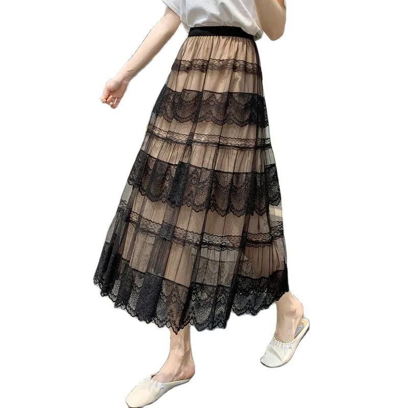 

High Waist Skirt Womens Tulle Skirts Lace Mesh Stitching Vintage Yarn Skirt Fashion Elegance Mesh 2021 Summermidi Skirt Women