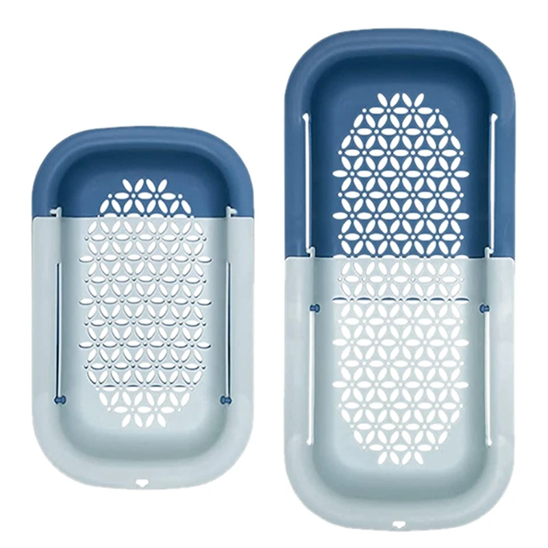 

HOT SALE 2 Pcs Retractable Drain Basket Household Kitchen Sink Plastic Rack Sink Sink Vegetable Fruit Artifact Light+Dark Blue