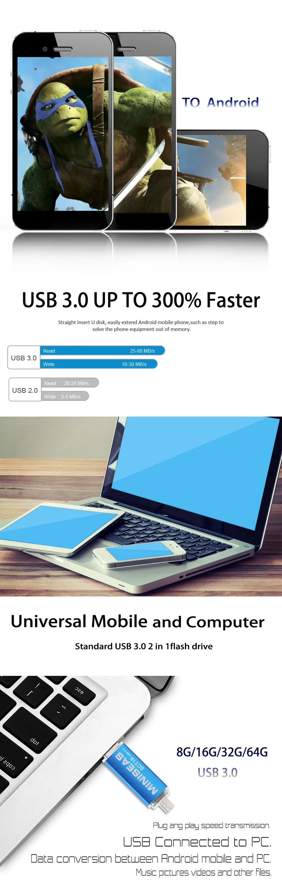 Usb 3,0 Miniseas OTG USB флеш-накопитель для смартфонов/планшетов/ПК 8 ГБ 16 ГБ 32 ГБ 64 Гб 128 ГБ флеш-накопитель высокоскоростной флеш-накопитель
