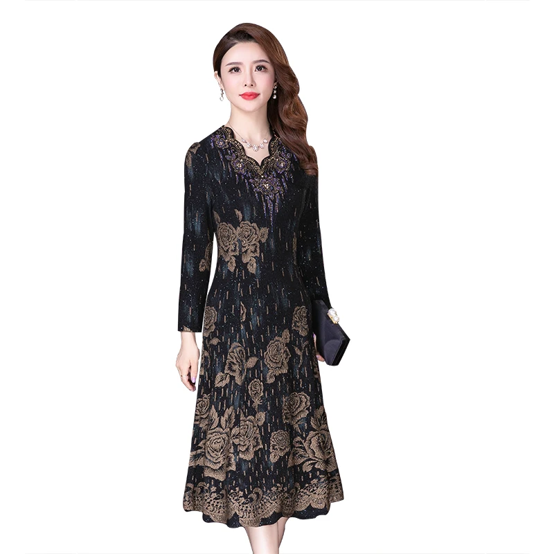 

Chikichi 2020 New Spring and Autumn Women's Hot Diamond V-neck Dress Middle-aged Mother Retro Elegance Womens Formal Dresses