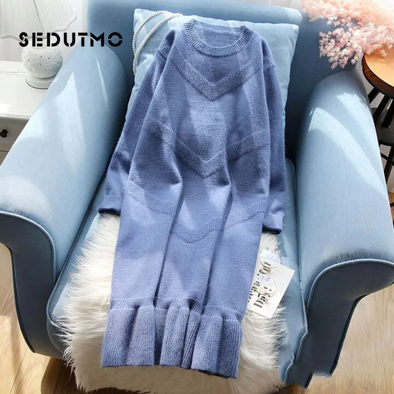 Зимнее вязаное платье свитер SEDUTMO женские теплые плотные платья туника