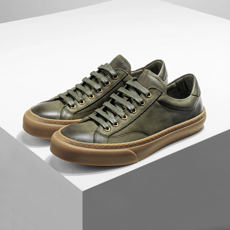 

Spring Top Cowhide Man Women Outdoors Step Travel Leisure Time Skate Shoes Low Help Small Dirty Army Green Skiing Male Sneakers