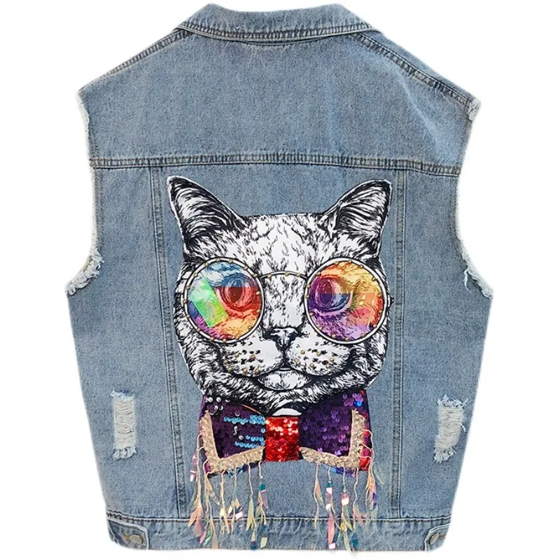 

Lusumily Denim Waistcoat Jacket Women Vest Sequin Cute Cat Female Sleeveless Jean Jacket Casual Cowboy Outwear Denim Vest Tops