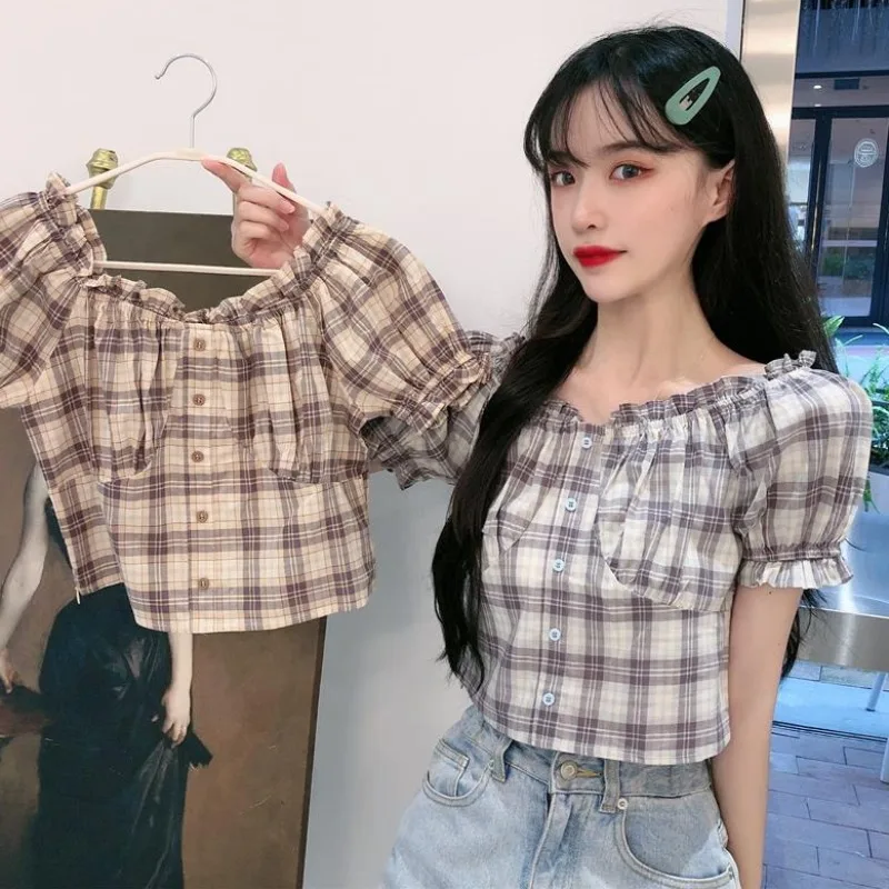 Блузка женская клетчатая с открытыми плечами пикантный хлопковый топ в японском
