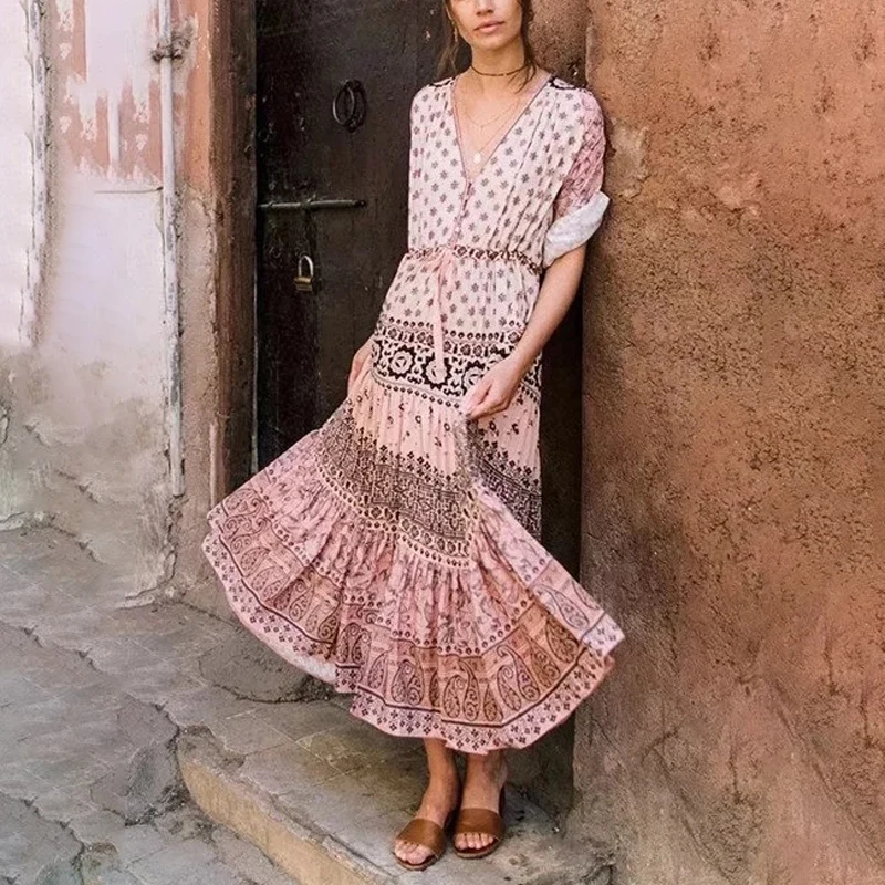 Womens Dress Ladies Beach Summer Printed Casual Fashion V-Neck Sundress Long Sleeve Boho Sexy | Женская одежда