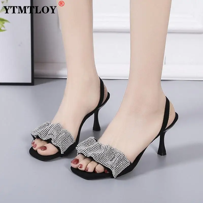 Туфли женские с открытым носком элегантные шлепанцы высокий тонкий каблук