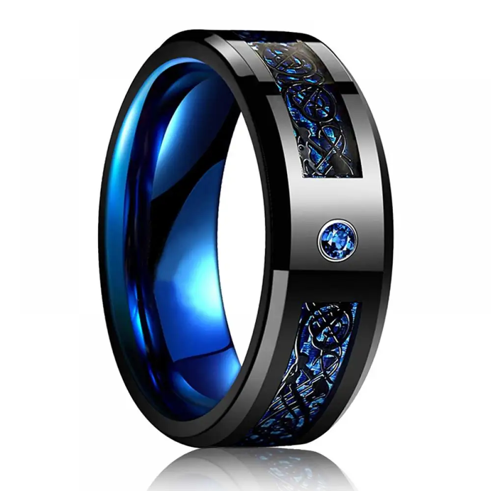 8MM Fashion Men's Blue Groove Beveled Edge Stainless Steel Dragon Ring Blue Red Zircon Inlay Blue Carbon Fibre Ring Wedding Band images - 6