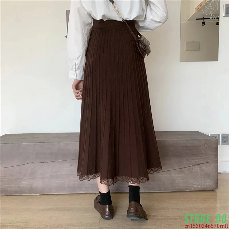 

Women Winter A-Line Sweater Thick Long Skirt Female Autumn 2020 Black Pleated Skirt Koreany High Waist Elegant Lace Stitching