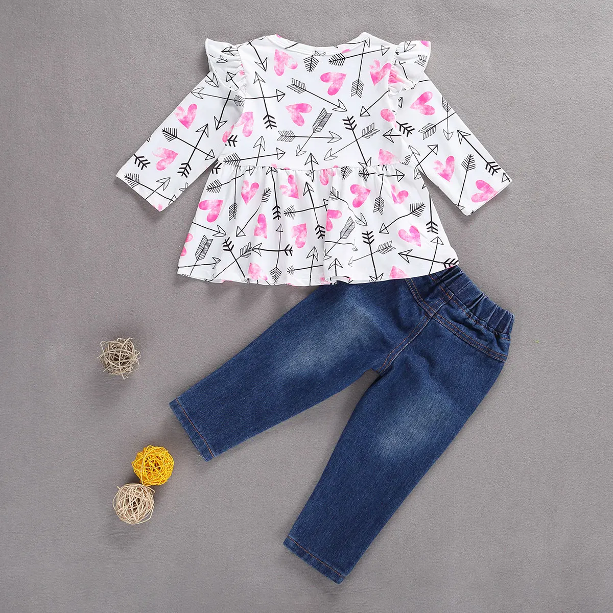 

2020 Fall Toddler Baby Girl Floral Clothes 2pcs 0-5Y Ruffle Long Sleeve Flowers Print T-shirt Tops Dress+Holes Denim Pants Set