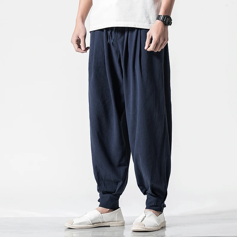 

Men Chinese Style Casual Loose Cotton Linen Pant Male Elastic Waist Harem Trousers Joggers Sweatpants Plus Size M-5XL Mid Flat