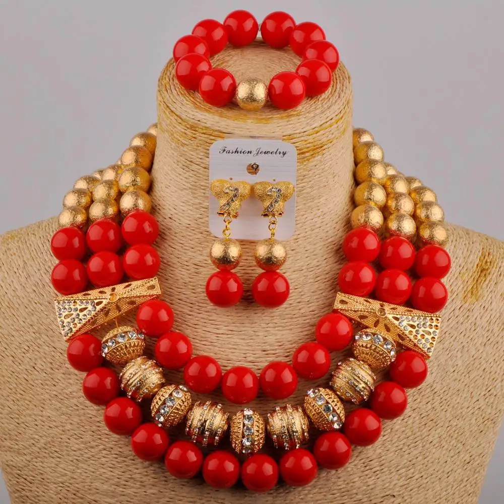 

African Wedding Jewelry Women's Banquet Dress Accessories Red Glass Pearl Necklace Nigerian Bride Wedding Jewelry Set SH-190