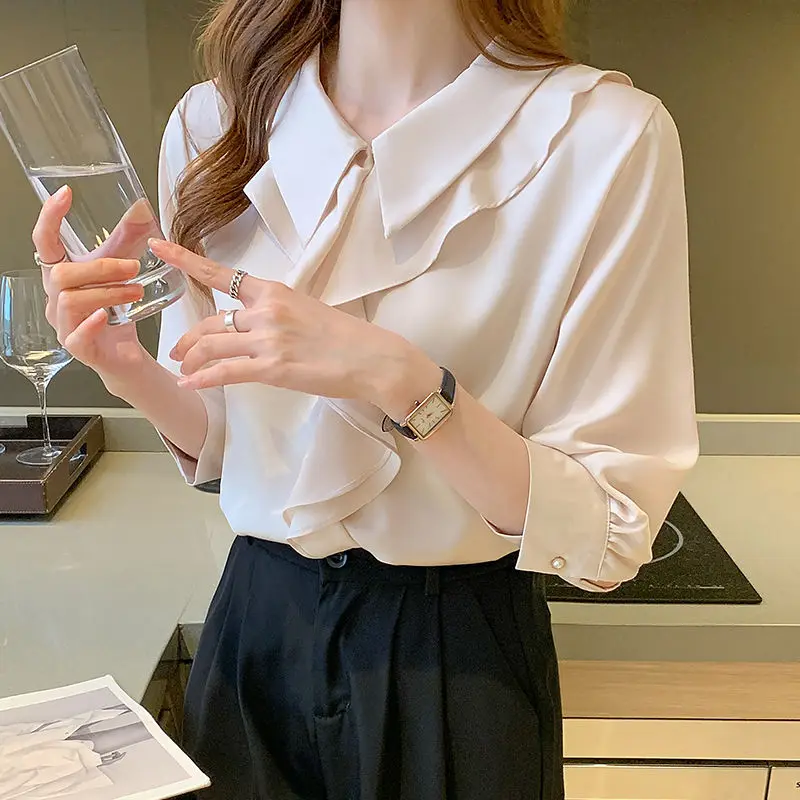 Женская шифоновая блузка с оборками Повседневная Свободная однотонная для