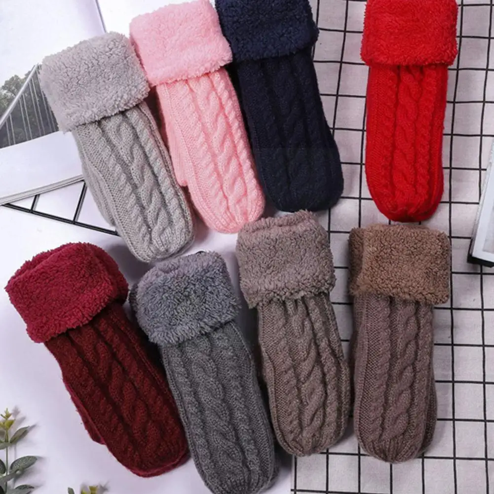 

Women Fashion Knit Twist Flowers Mittens Winter Female Wool Warm Plus Velvet Full Cashmere Gloves Thickening Finger F6W7