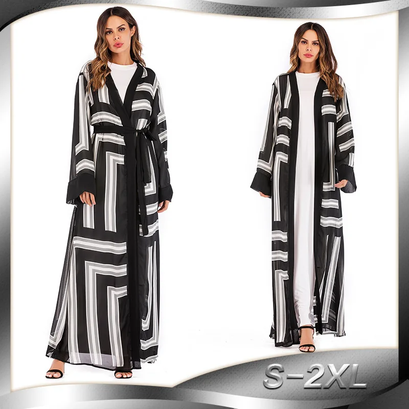 

Muslim Dress Muslim Fashion Middle East Eid Duabi Abaya Turkey Robe Striped Loose Lace-up Cardigan Robe Women Dress Donsignet