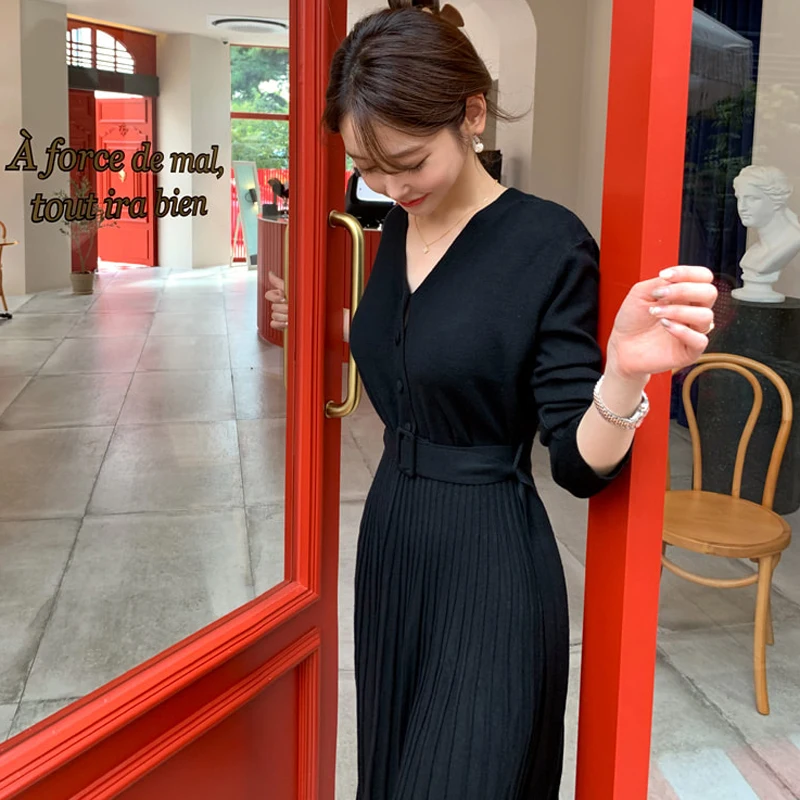 

Autumn Winter Knitted Dress Women V-neck High Waist Pleated Dress with Belt Elegant Vintage A-line Casual Long Vestidos TA7386