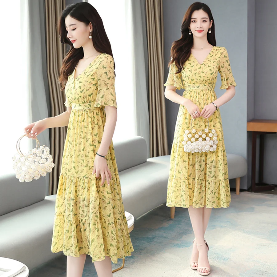 

2022 High Quality Print Chiffon Beach Maxi Dress Summer Vintage 4XL Plus Size Midi Sundress Women Elegant Bodycon Party Vestidos