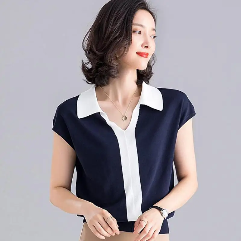 Summer Autumn Office Lady Knitted Sweater Turn-down Collar 3 Color Fashion Pullover Patchwork Size S-xl Women | Женская одежда