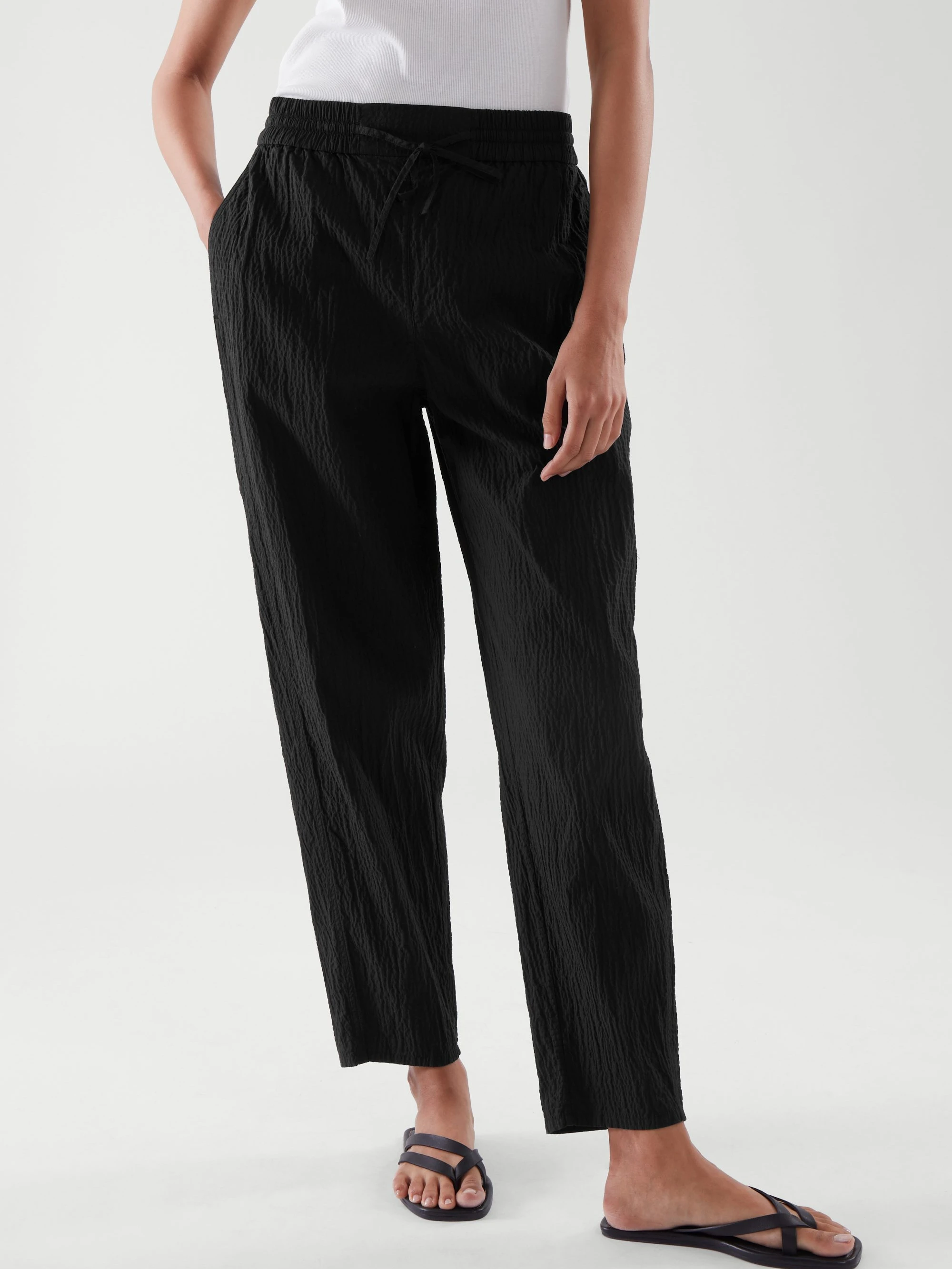 

2021 New Summer Women's Black Drawstring Trousers Thin Straight Elastic High Waist Ladies Simple Casual Long Pants