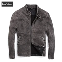 genuine leather jackets mens biker cowhide o neck slim short fashion leather outerwear vintage coat korean male autumn new