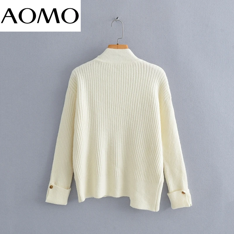

AOMO Women Twist Turtleneck Knitted Sweater Jumper Buttons Female Elegant Oversize Pullovers Chic Tops BC102A