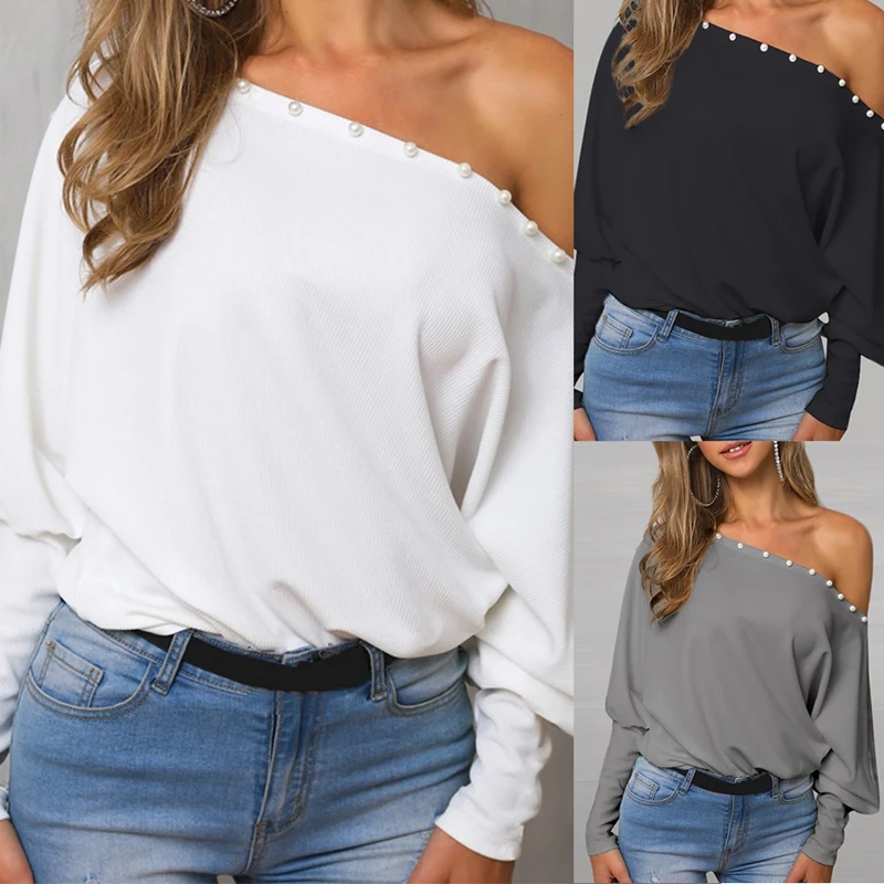 

Women's Solid Color Word Collar Strapless Bat Sleeve Bubble Beads Long Sleeve Top
