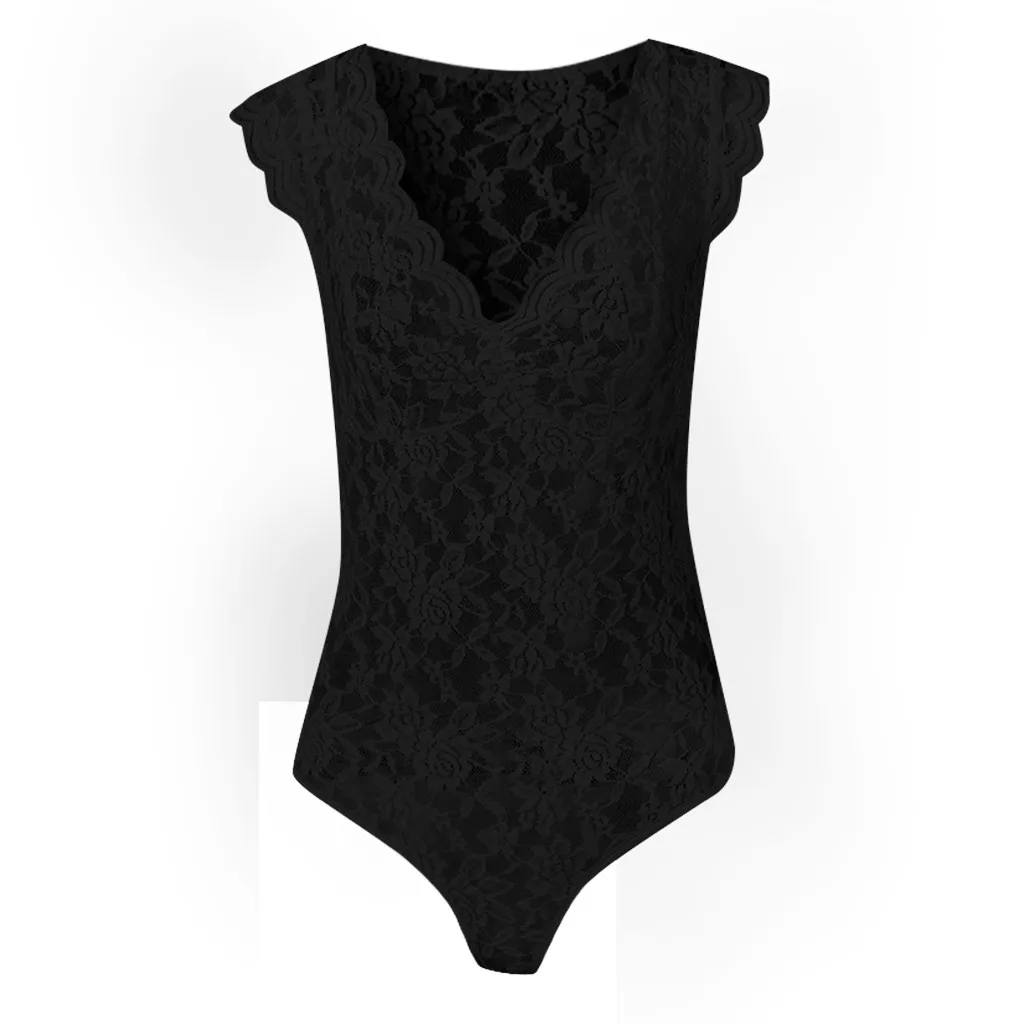 Women Sexy Lace Bodsuit Sleevless V-neck Sheer Mesh Slim Bodysuit Tops Romper Overalls Feminino Body Suits |