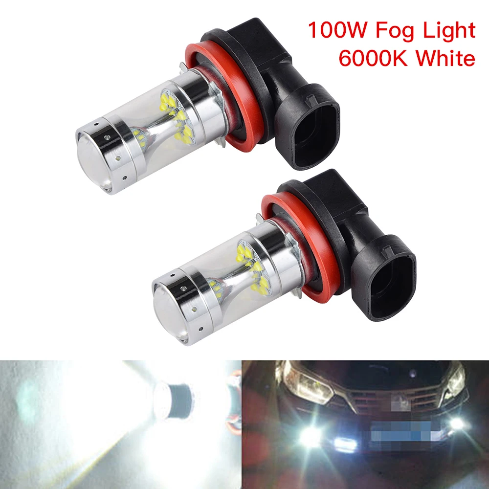 

2x100W H11 H16 Fog Light LED Bulbs High Power 2400LM 90° Angle 6000K White Fog Lamp For Car Accessories