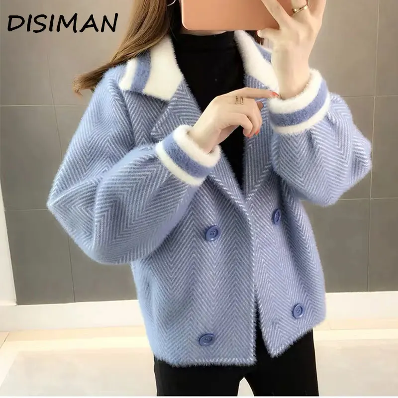DISIMAN теплое пальто с имитацией норки nap Новый Кардиган Женский Плюс Размер