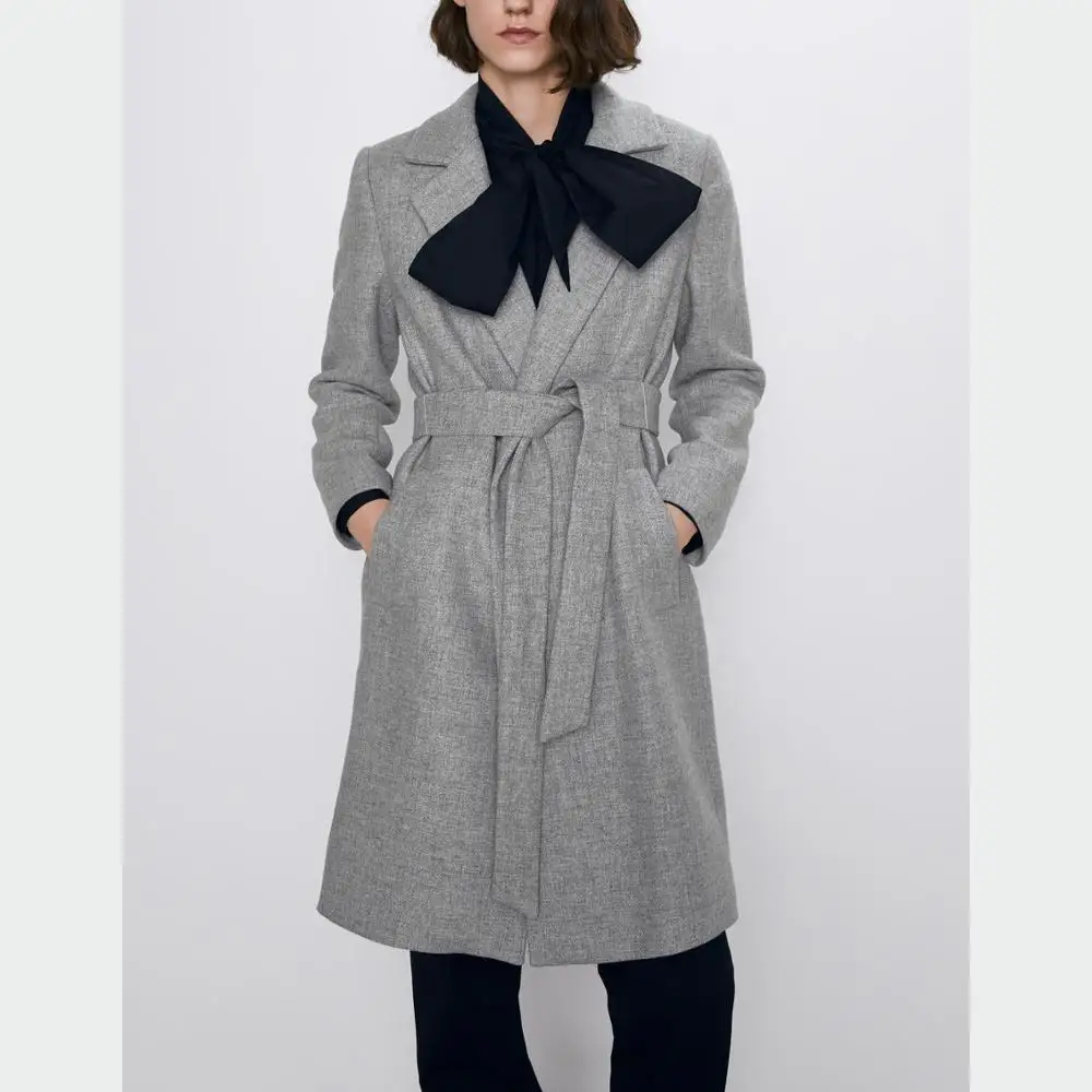 Женское длинное шерстяное пальто ZA серое плотное однотонное с поясом