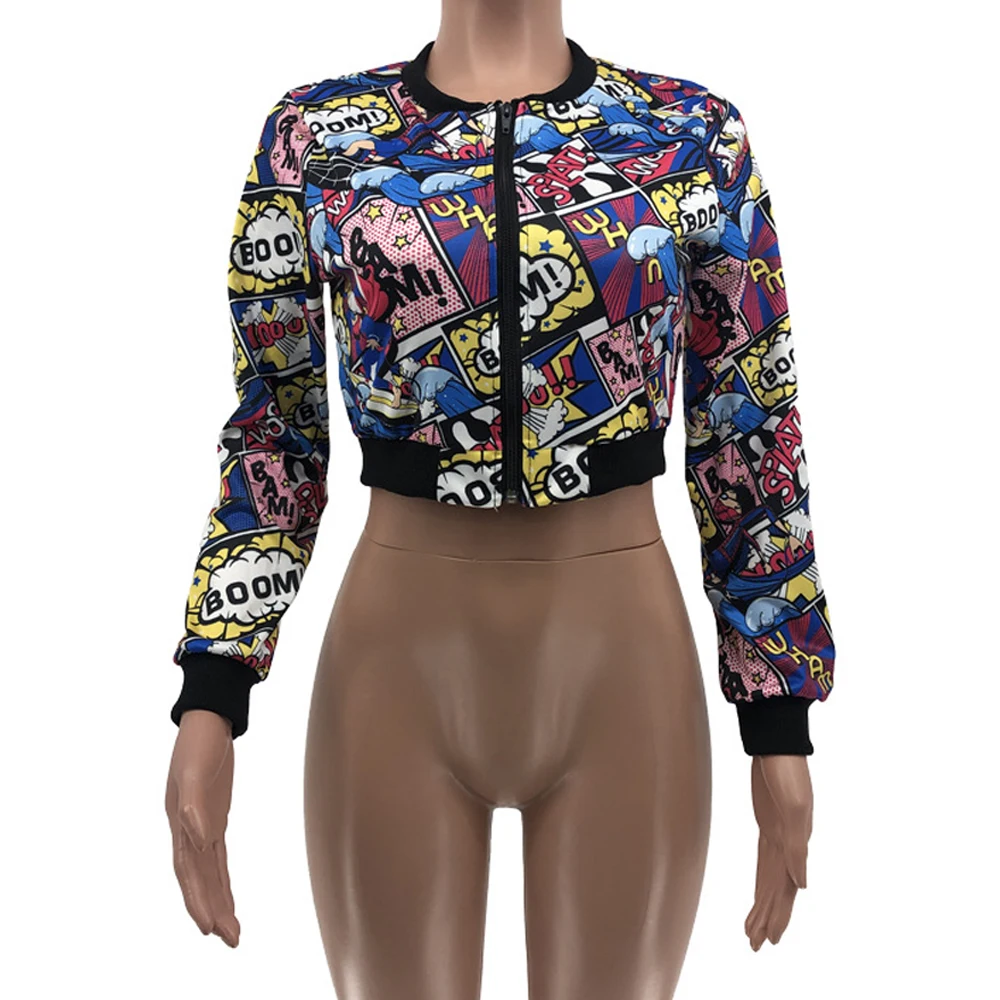 

Streetwear woman zip-up short coats and jackets for woman Female long sleeve cartoon printed fall jackets 2020 kurtka damska