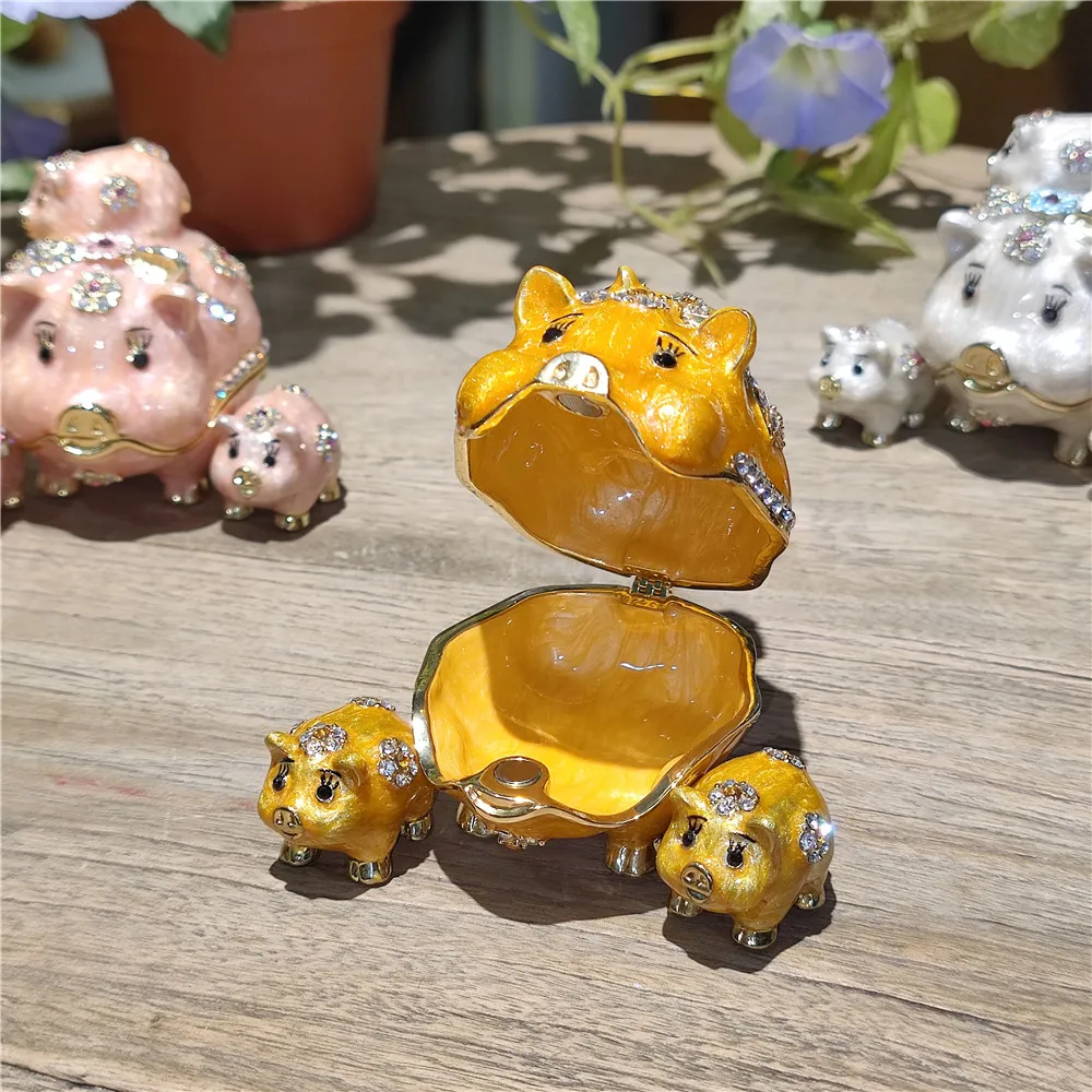 Pewter Pig Trinket Jewelry Box Creative Cute Gifts Metal Craft Collectibles Animal Mother with Three Baby Keepsake Case