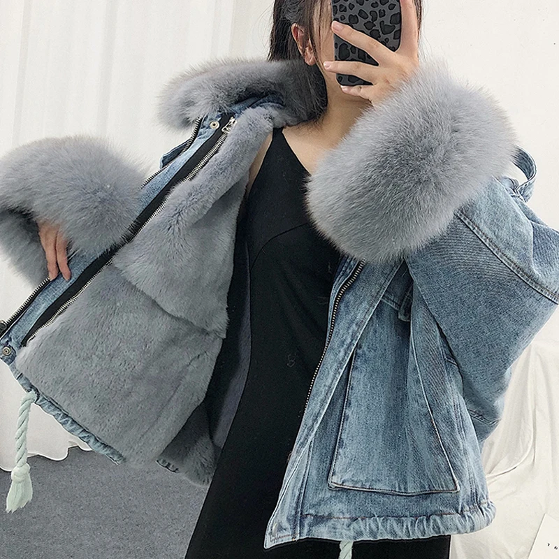 Зима новый толстый теплый Лисий меховой воротник джинсовая куртка для женщин