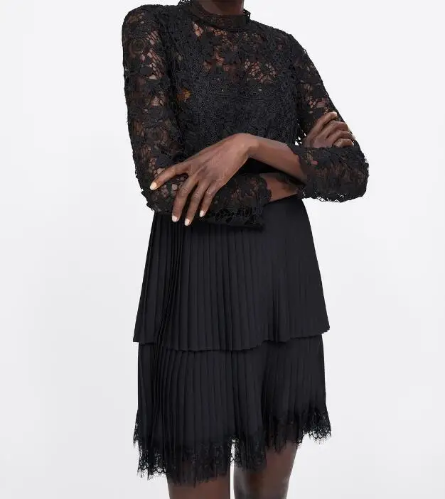 NSZ женский черный кружева лоскутное платье шифон плиссированные мини запястья