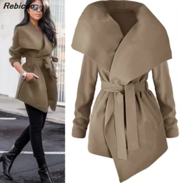 

Winter Coats Women Autumn Woolen Blend Fashion Lapel Jackets Sexy V Neck Belt Lace-up Solid Casual Slim Overcoats Female Outer