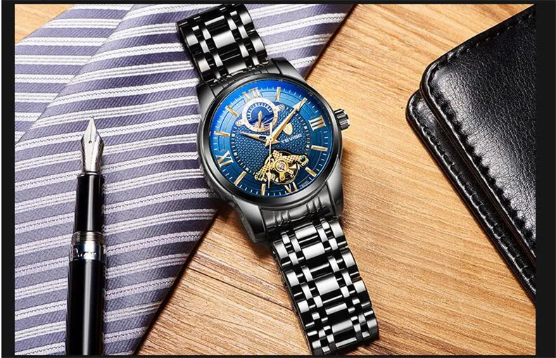 

Luxury Brand Tourbillon Mechanical Watch Men 2019 New Style Silver Gold Stainless Steel Band Military Watch Automatic Wristwatch