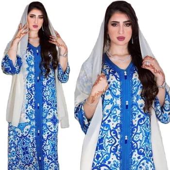 2021 Blue Flower Printed Robe Abaya Dubai Ramadan Middle Eastern Muslim Dress Abhaya Middle East Islamic Clothing Jilbab Abaya 1