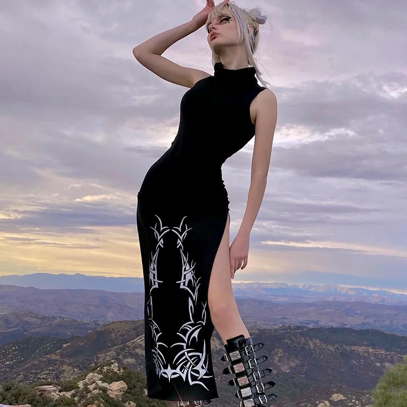 Женское платье-Ципао без рукавов черное платье в готическом средневековом стиле