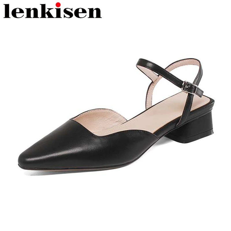 

Lenkisen genuine leather chic square toe low heel brand high quality summer shoes colorful modern runway party women sandals l66