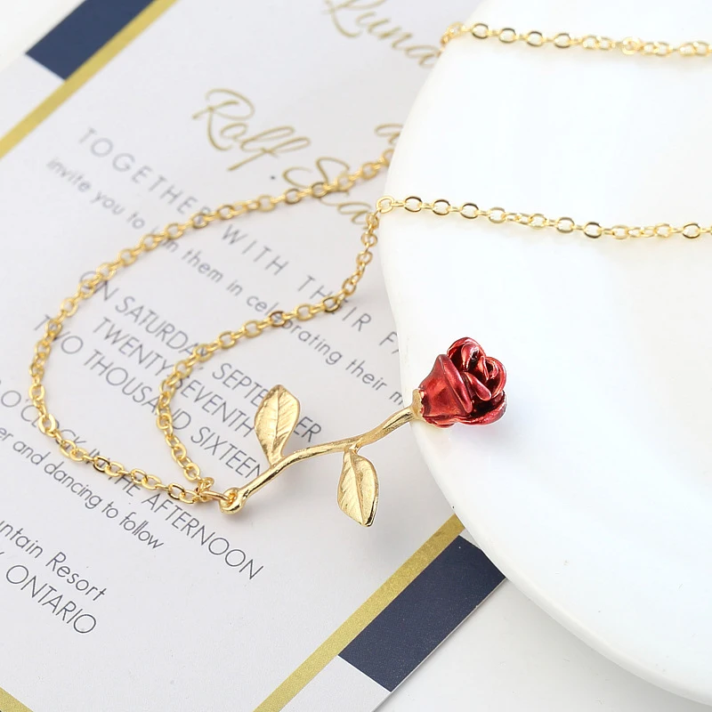 

Rose Flower Necklace Golden Red Rose Jewelry Gift For Women Girl Durable Fashion 45+5cm Golden+red Suit For Mother's Day