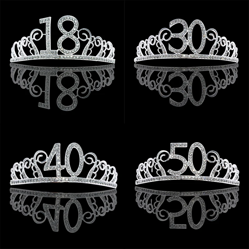 

18 21 30 40 50 Satin Sash Rhinestone Birthday Crown Girl Women Tiara Crystal Headwear Headband for Birthday Party Decor Supplies