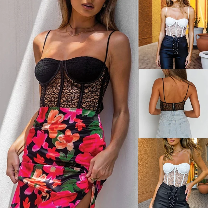 

Lace Camisole Women Sexy Lace Mesh Transparent Tank Top Backless Skinny Elastics V-Neck Corset