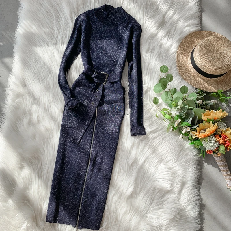 Женское Облегающее вязаное платье свитер с поясом Элегантное зимнее миди