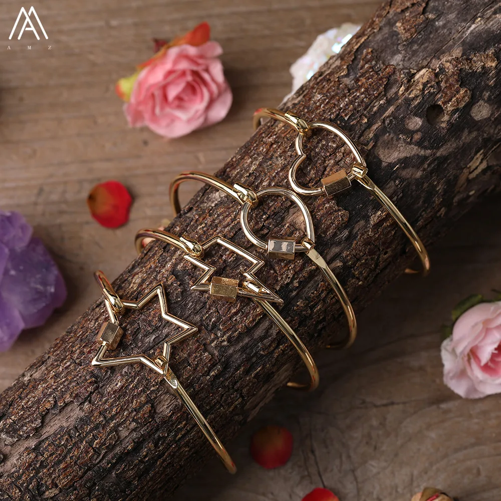 

Luxury Gold Copper Metal Carabiner Fastener Lock Screw Clasps Open Cuff Bangle For Women Punk Bracelet Jewelry