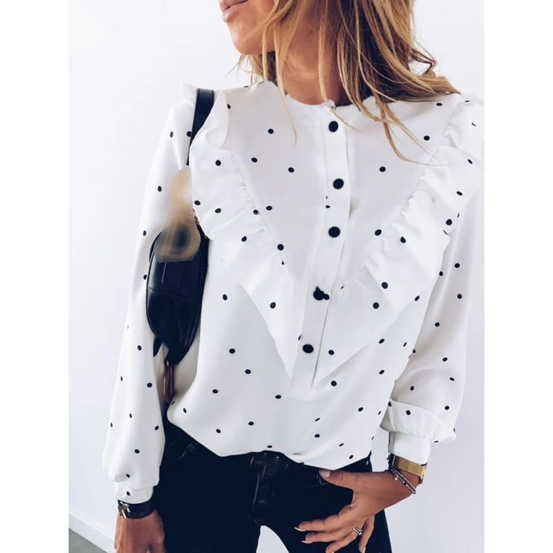 Женская блузка рубашки с длинным рукавом и принтом в горошек Женские топы блузки