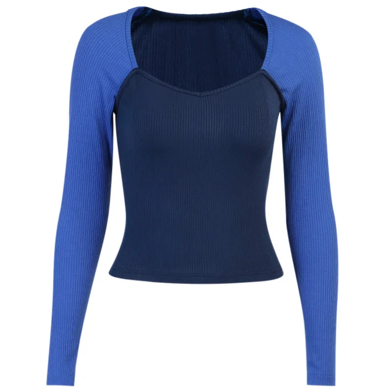 

Lofia Women Patchwork Kintted T-shirt Long Sleeve Slim Fit Square Collar Autumn Pullover Casual Sexy Streetwear Fashion Clothing