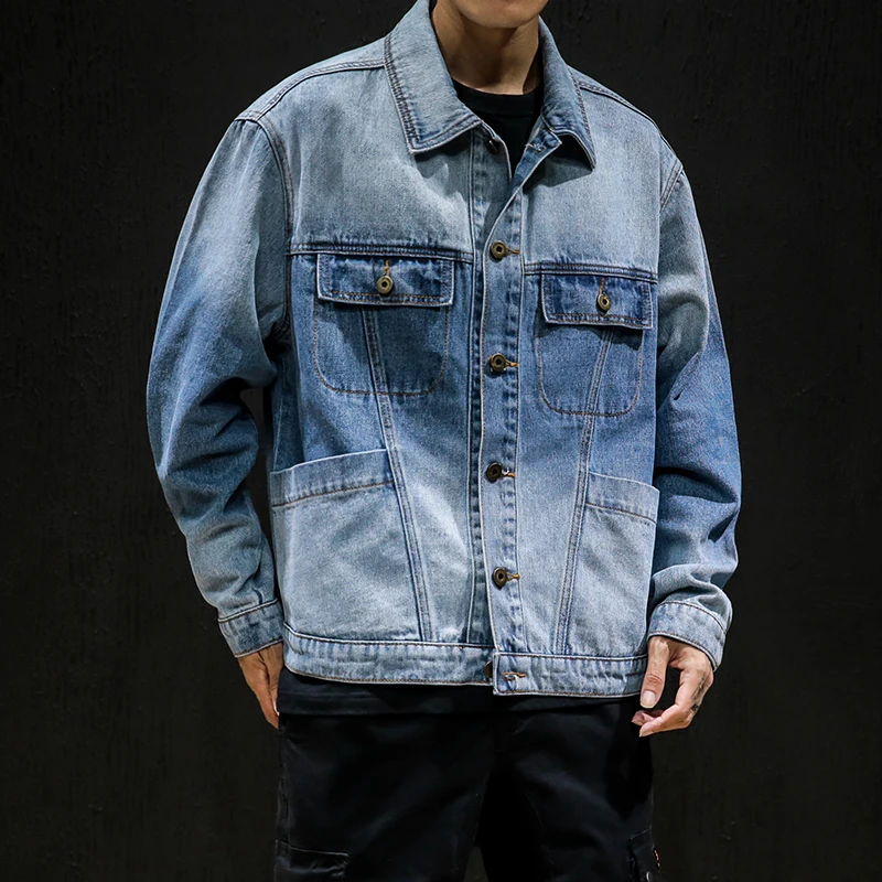 Мужская джинсовая куртка синяя однотонная градиентного цвета ПРИШИТАЯ с